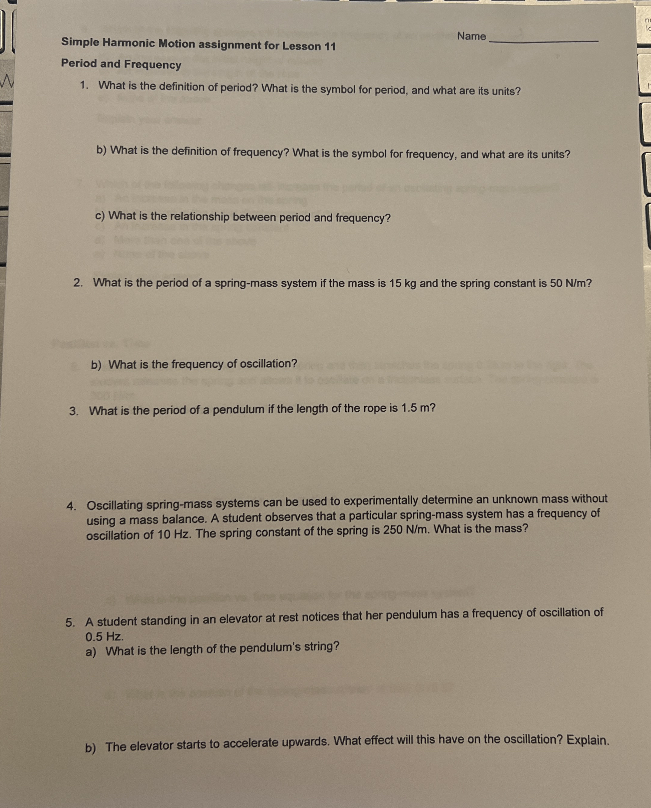 Simple Harmonic Motion assignment for Lesson 1 1