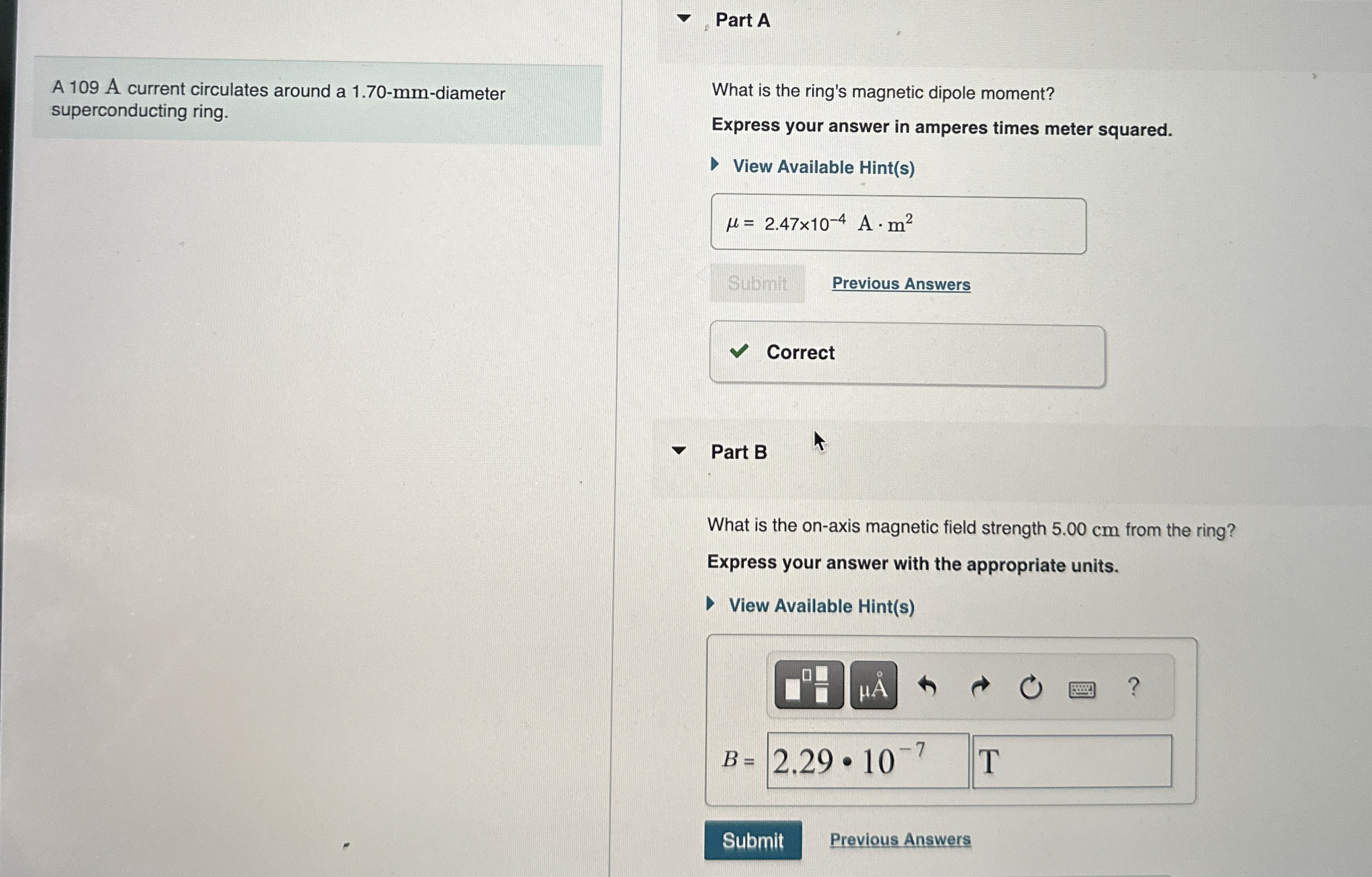 Part A A 1 0 9 A current circulates around a 1 .