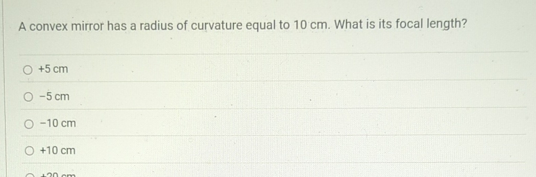 A convex mirror has a radius of curvature equal