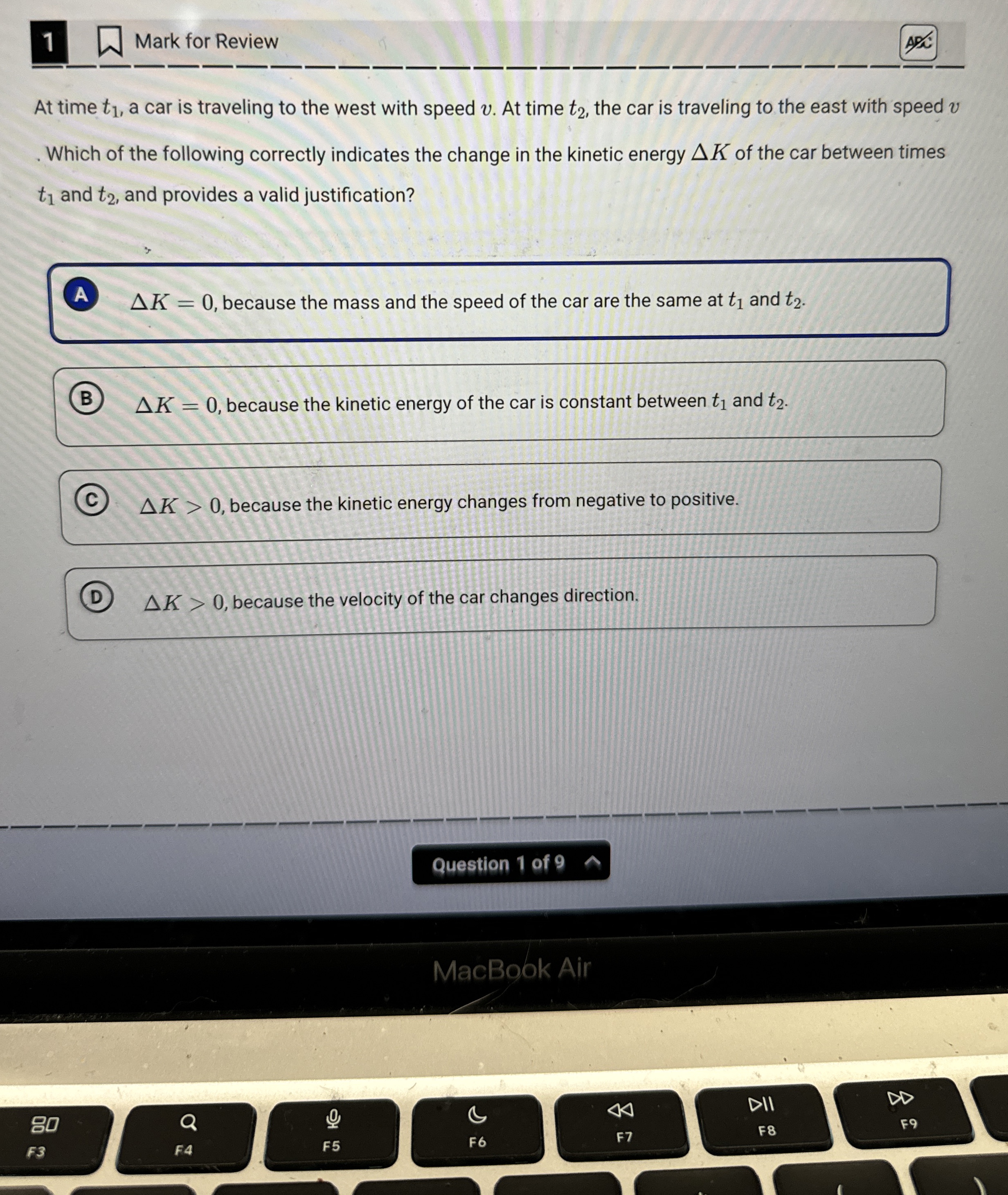 1 Mark for Review At time t 1 , a car is