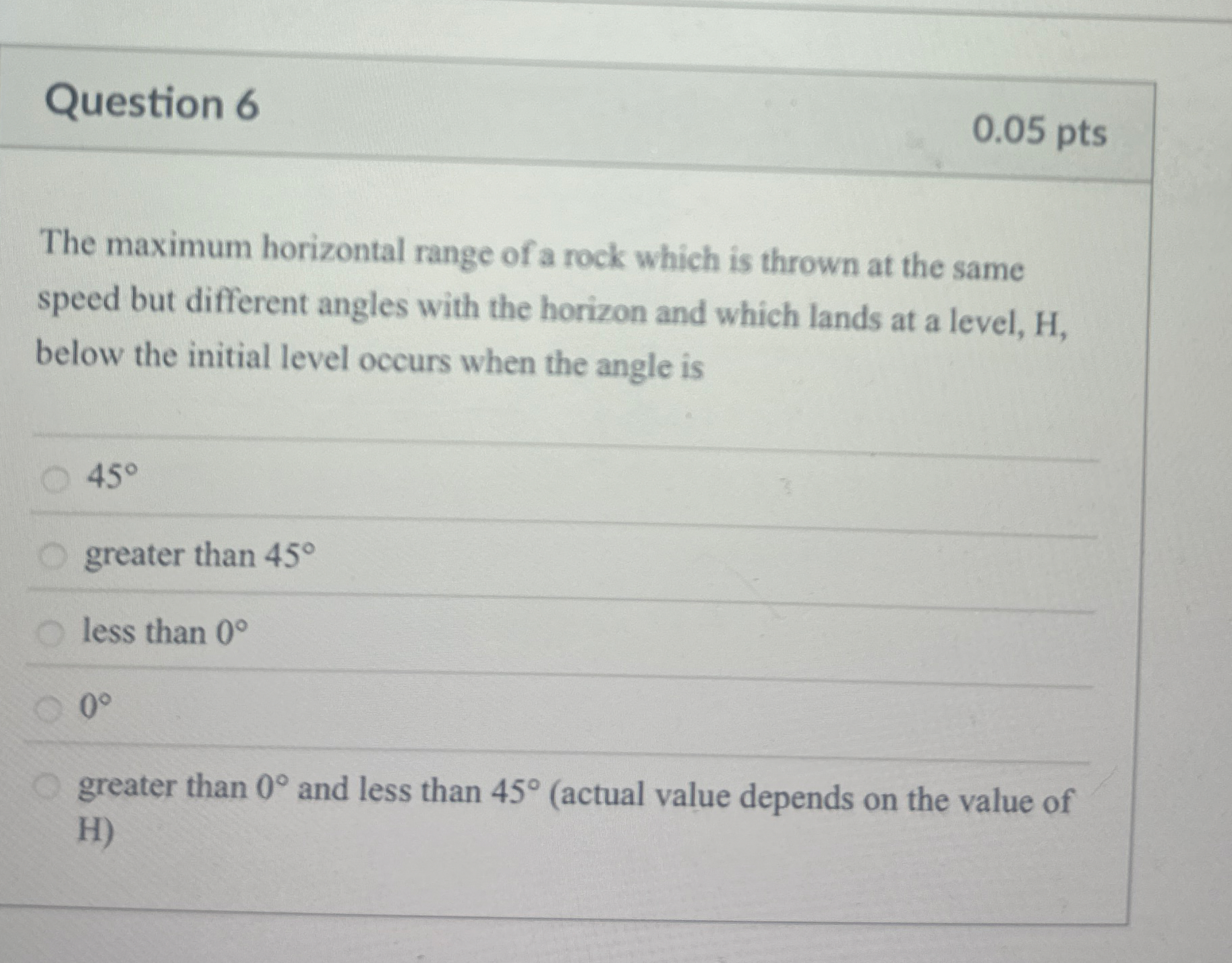 Question 6 0 . 0 5 pts The maximum horizontal