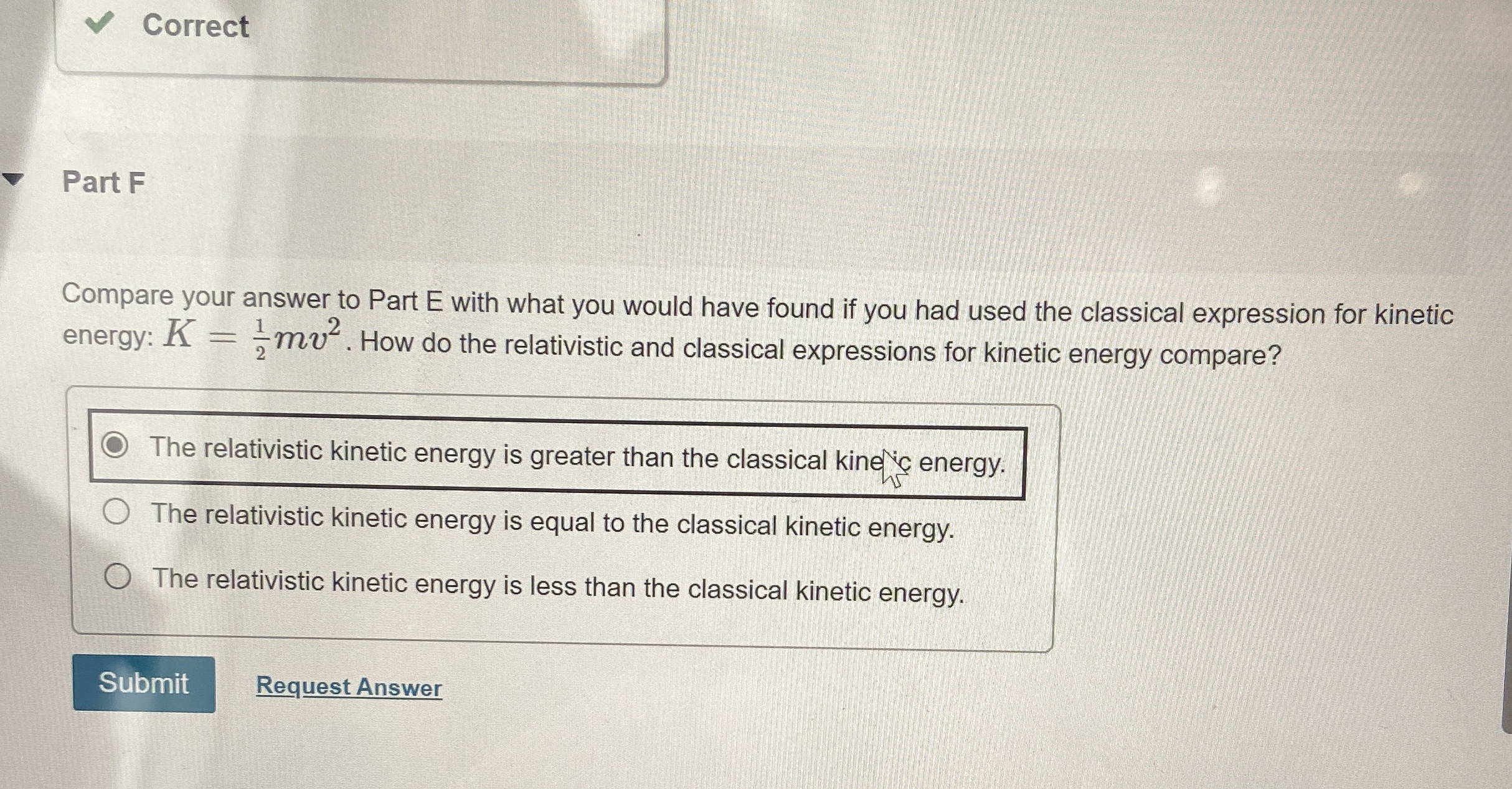 Correct Part F Compare your answer to Part E with