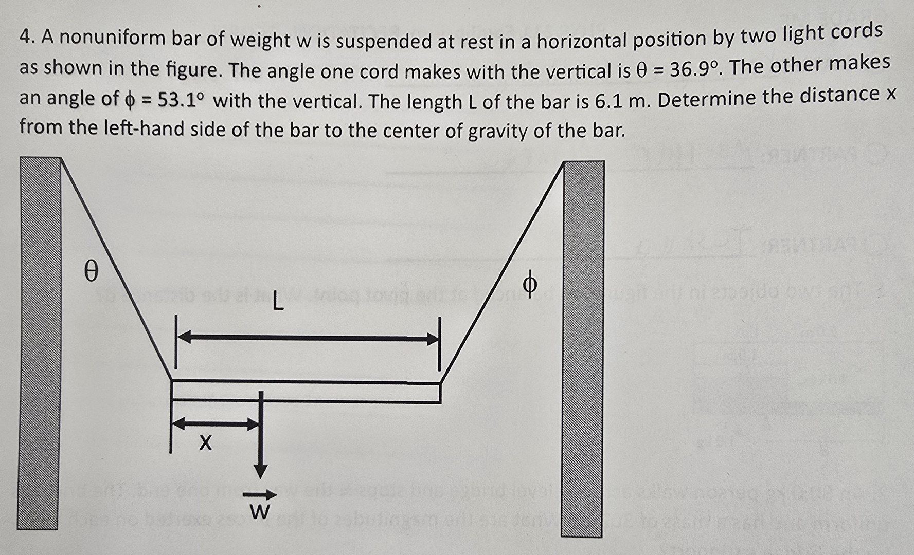 A nonuniform bar of weight w is suspended at rest