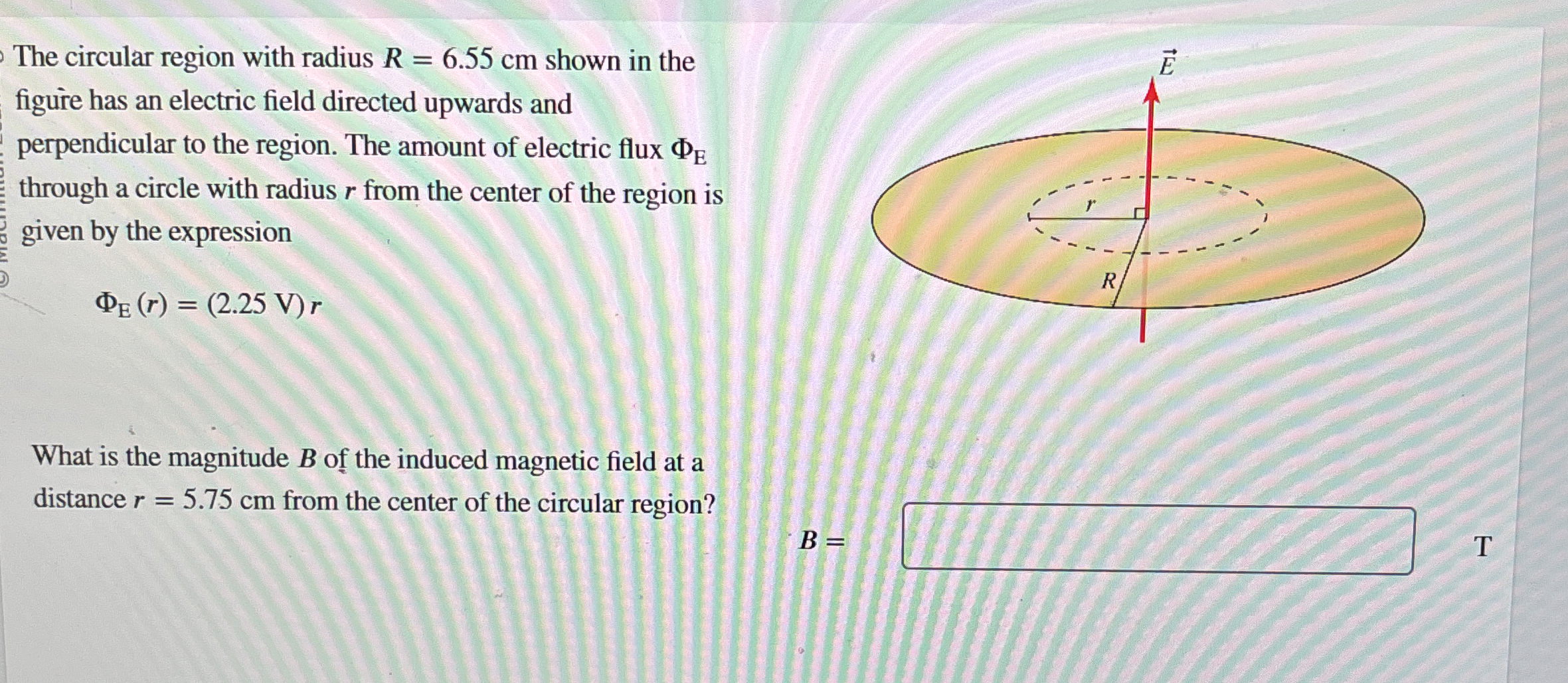 The circular region with radius R = 6 . 5 5 c m