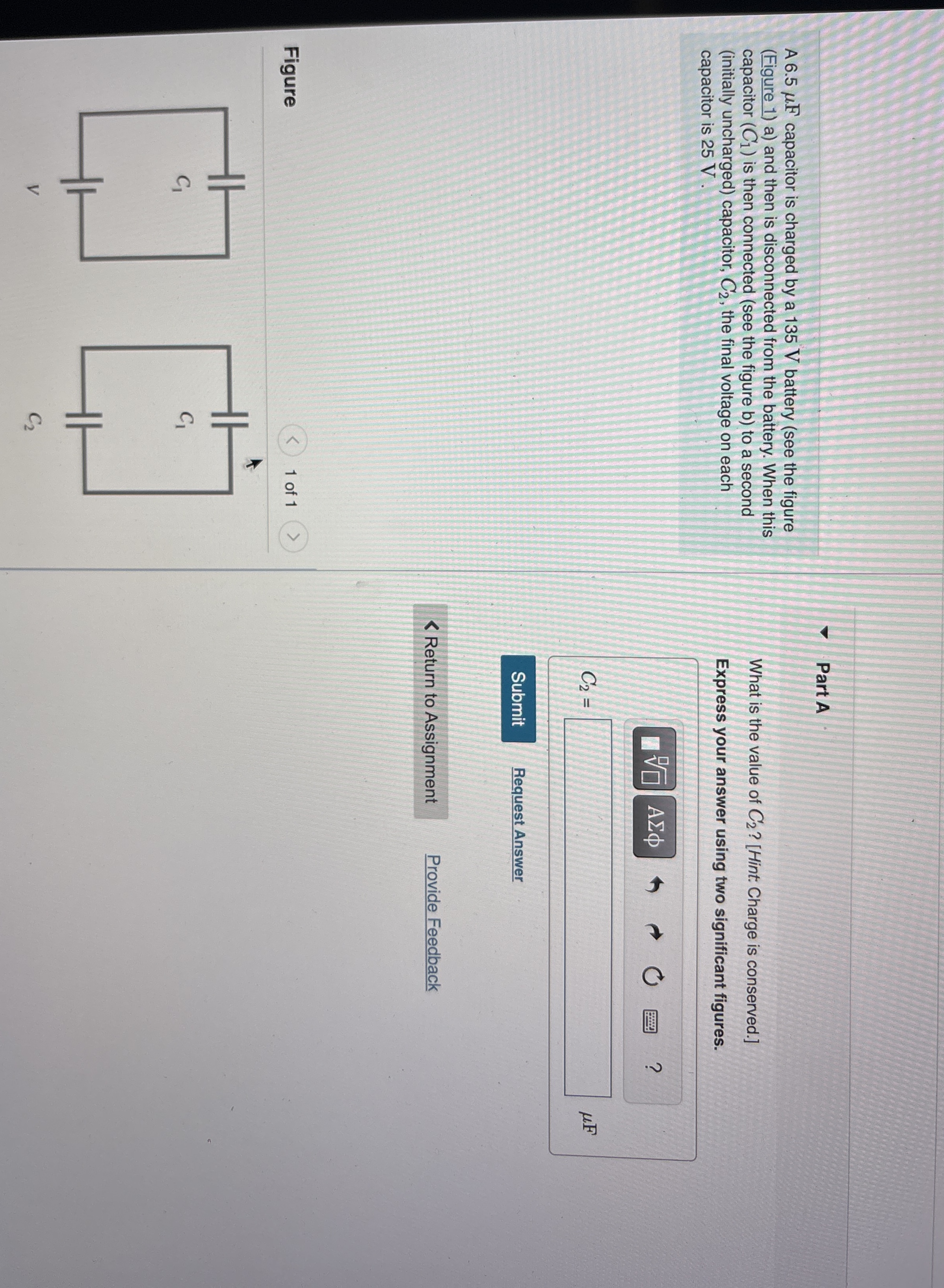 A 6 . 5 F capacitor is charged by a 1 3 5 V