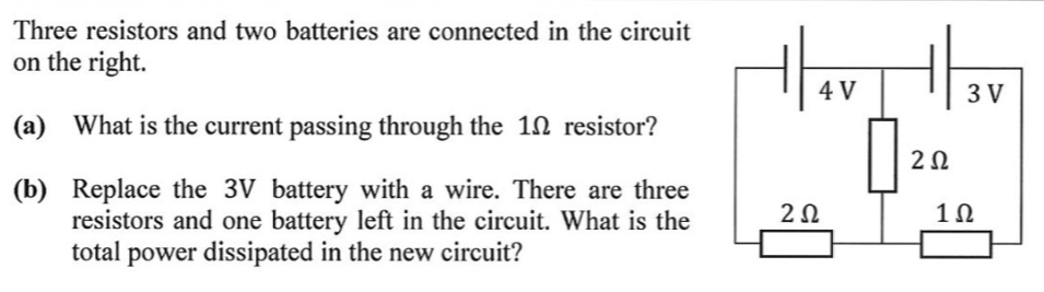 Three resistors and two batteries are connected