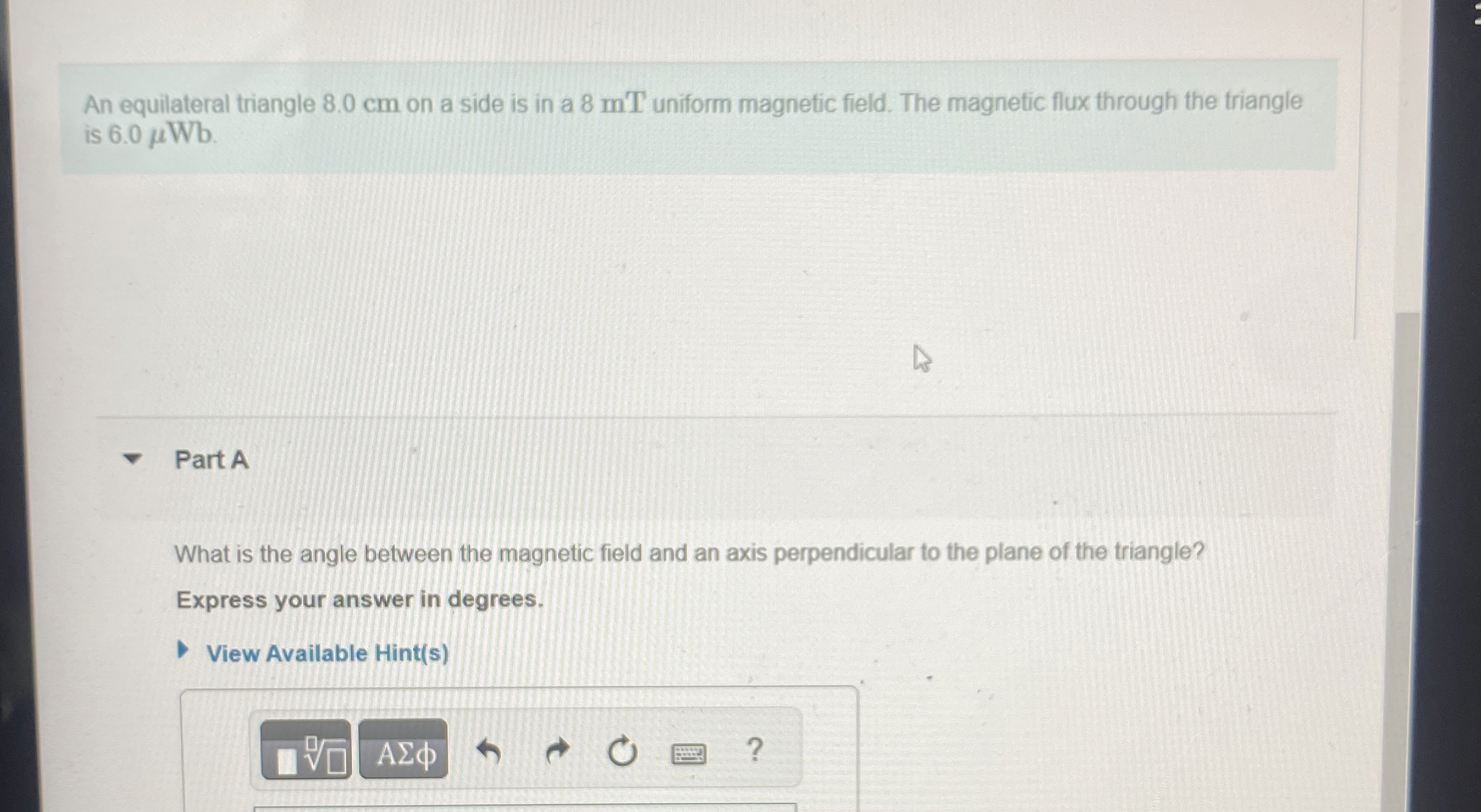 An equilateral triangle 8 . 0 cm on a side is in