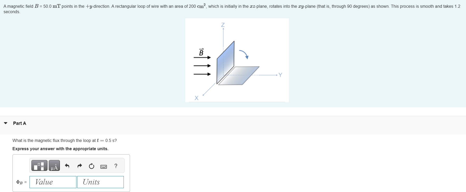 A magnetic field BB = 5 0 . 0 mTmT points in the