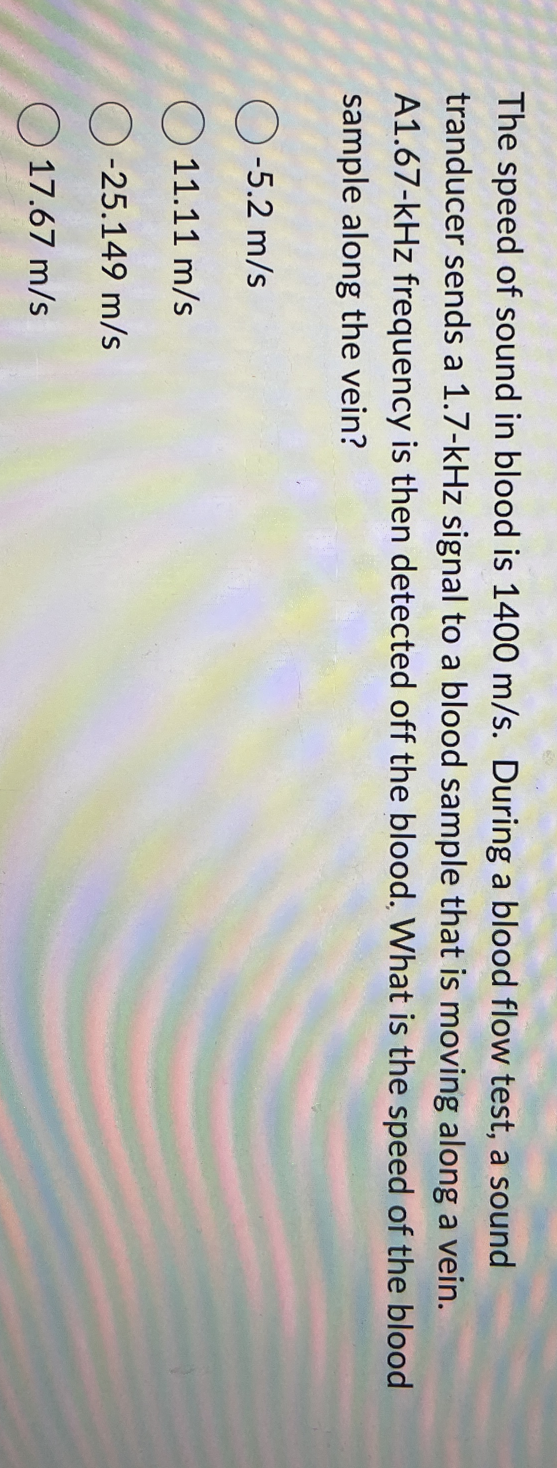 The speed of sound in blood is 1 4 0 0 m s .