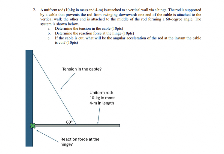 A uniform rod ( 1 0 - k g in mass and 4 - m is