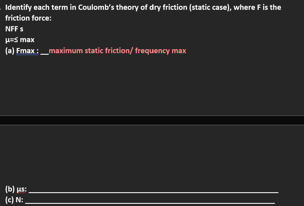 Identify each term in Coulomb's theory of dry