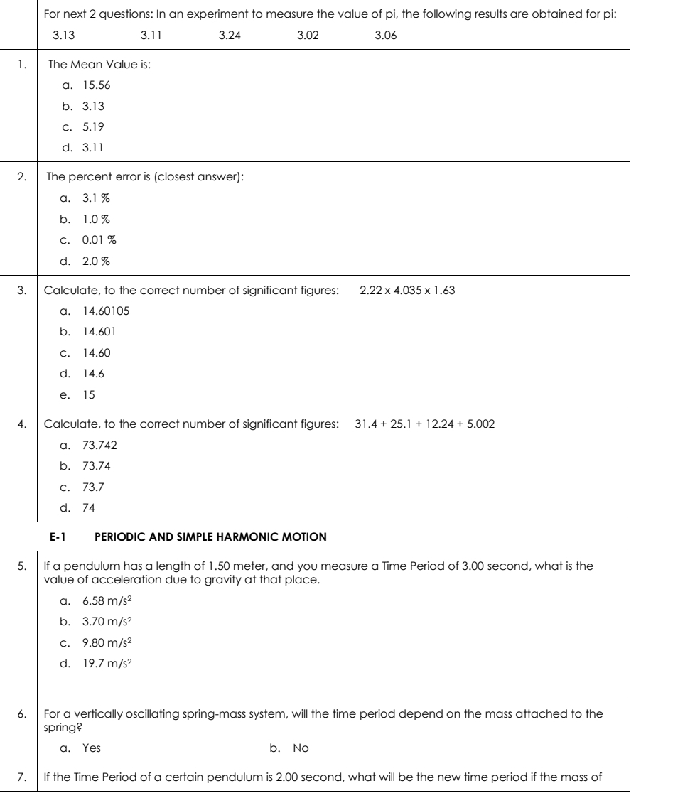 E - 1 PERIODIC AND SIMPLE HARMONIC MOTION \ table