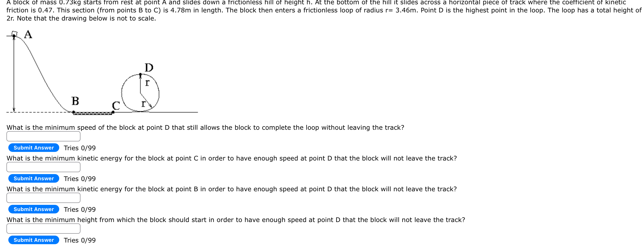 A block of mass 0 . 7 3 kg starts from rest at