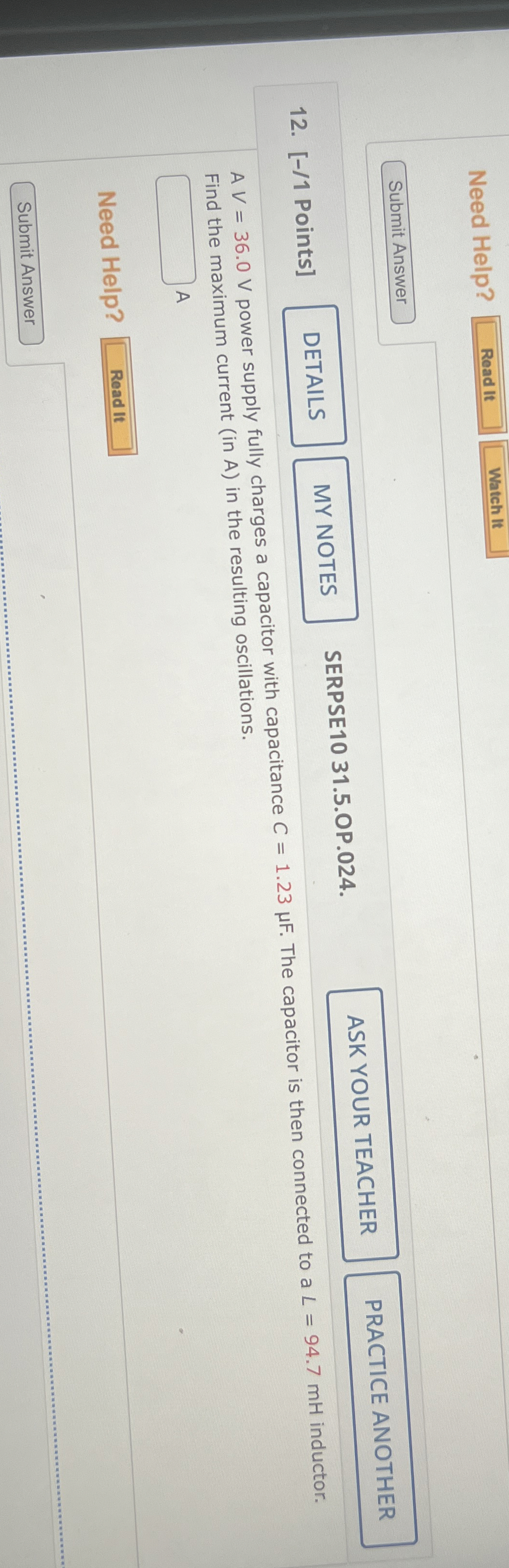 Need Help? Read It 1 2 . [ - / 1 Points ] SERPSE