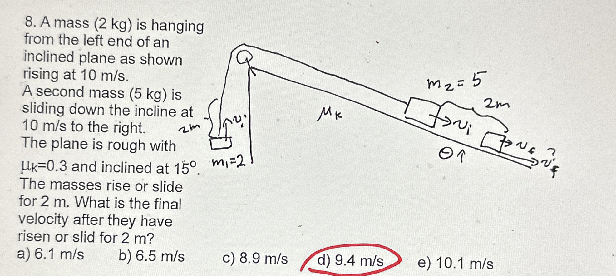 A mass ( 2 kg ) is hanging from the left end of