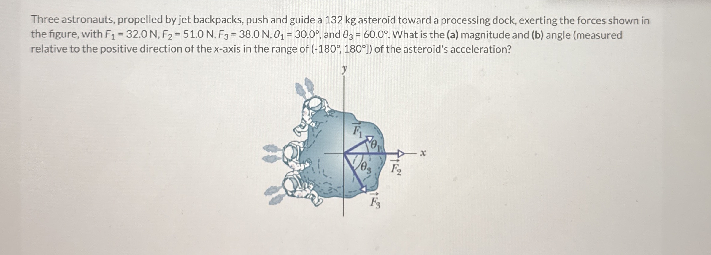 Three astronauts, propelled by jet backpacks,