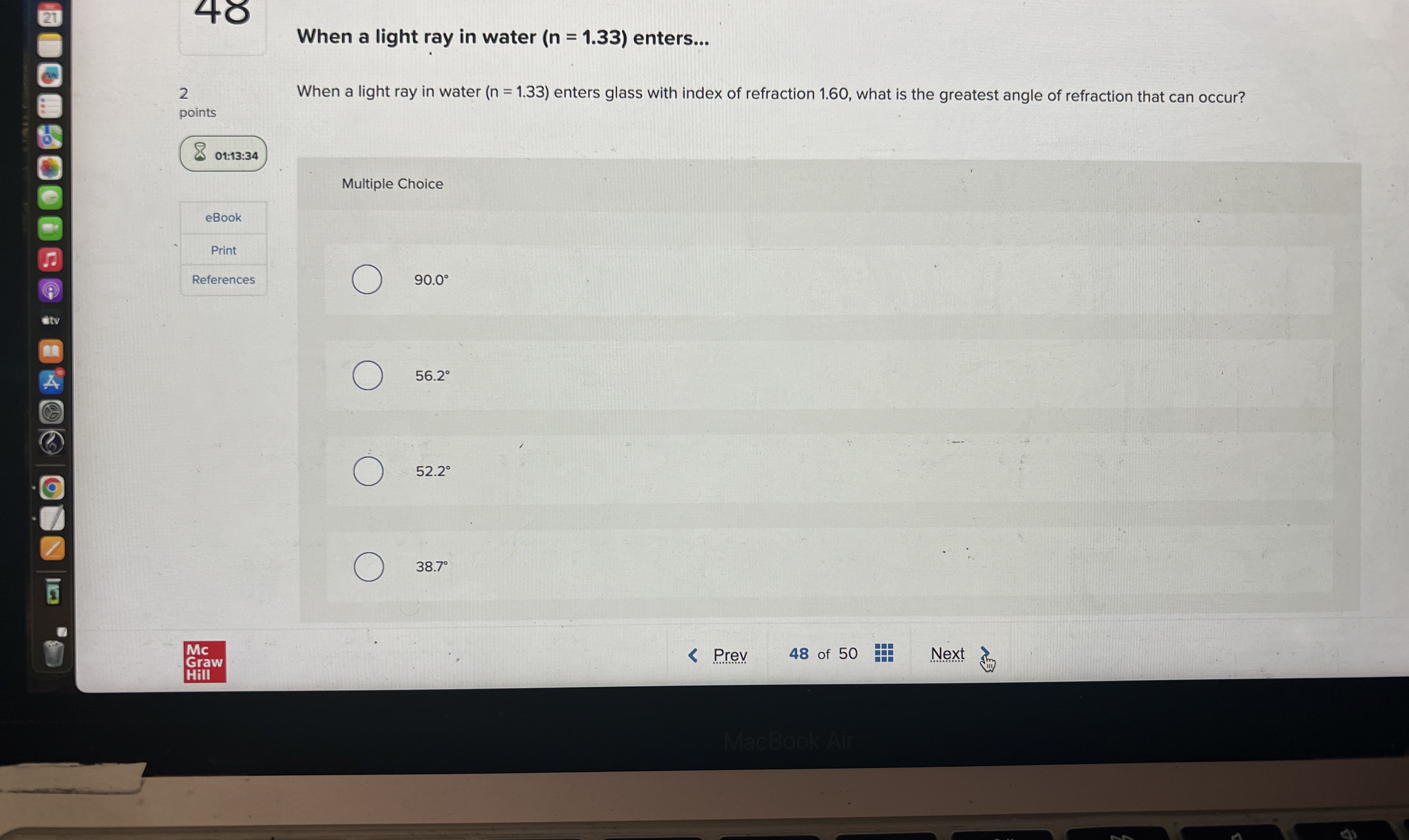 When a light ray in water ( n = 1 . 3 3 )