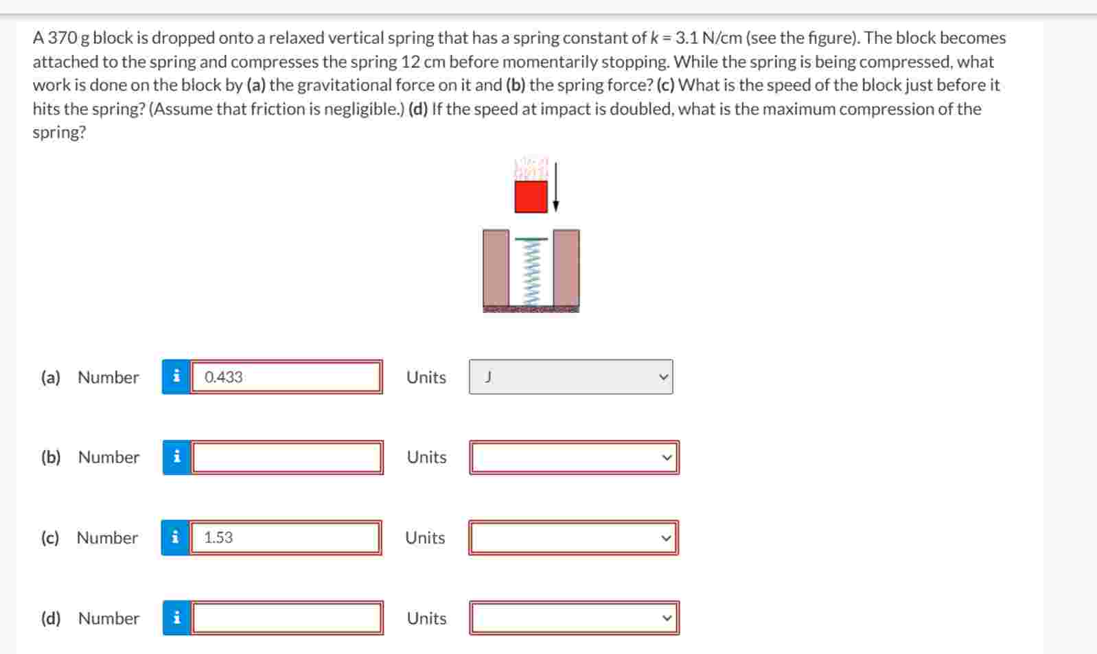 A 3 7 0 g block is dropped onto a relaxed
