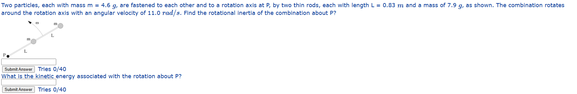 Two particles, each with mass \ ( m = 4 . 6 \