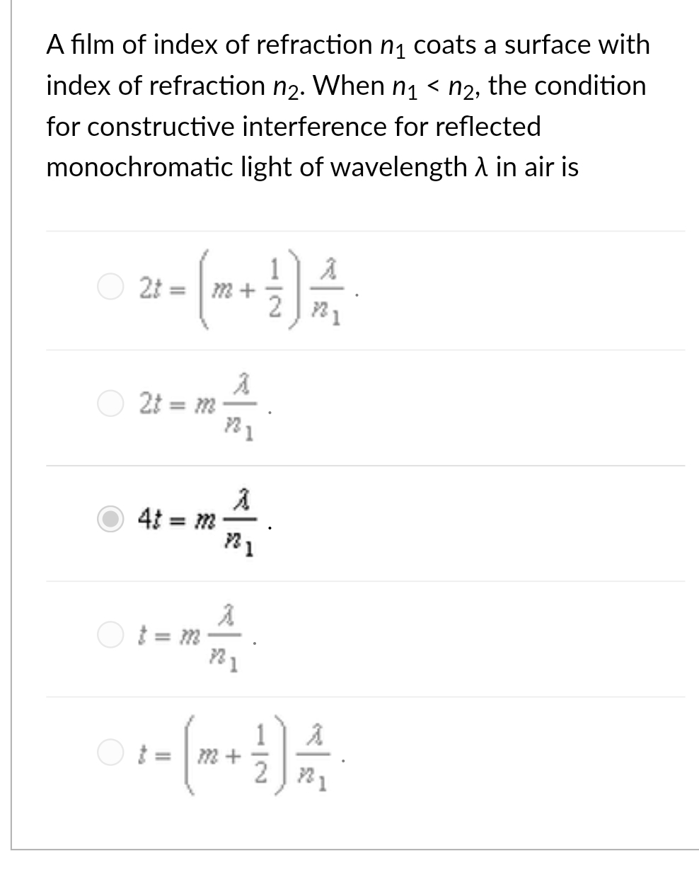 A film of index of refraction n 1 coats a surface