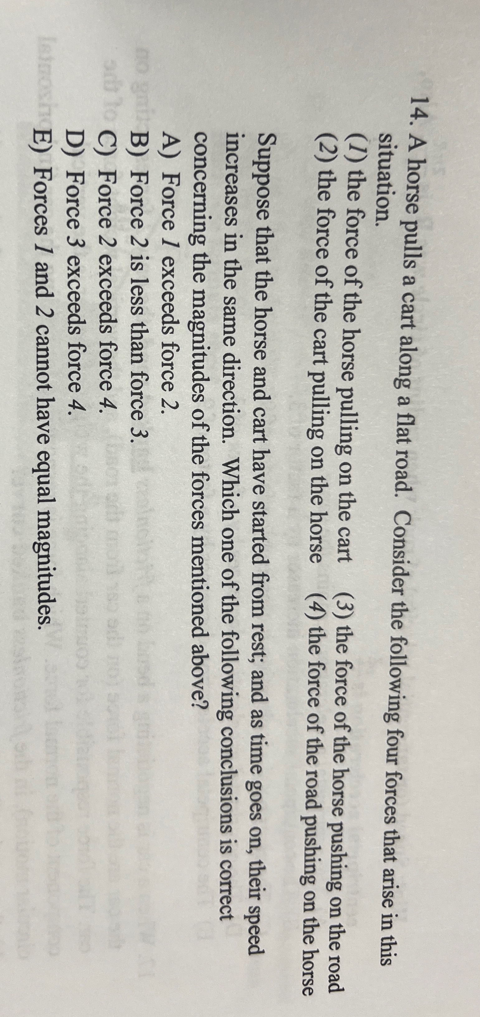 A horse pulls a cart along a flat road. Consider