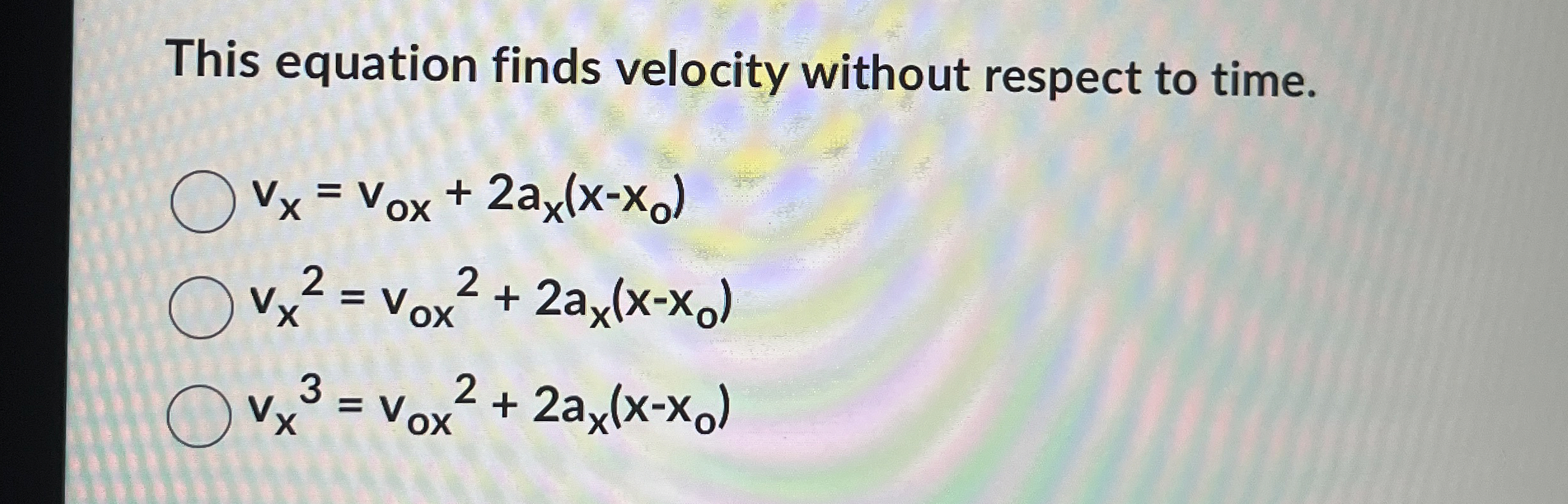This equation finds velocity without respect to