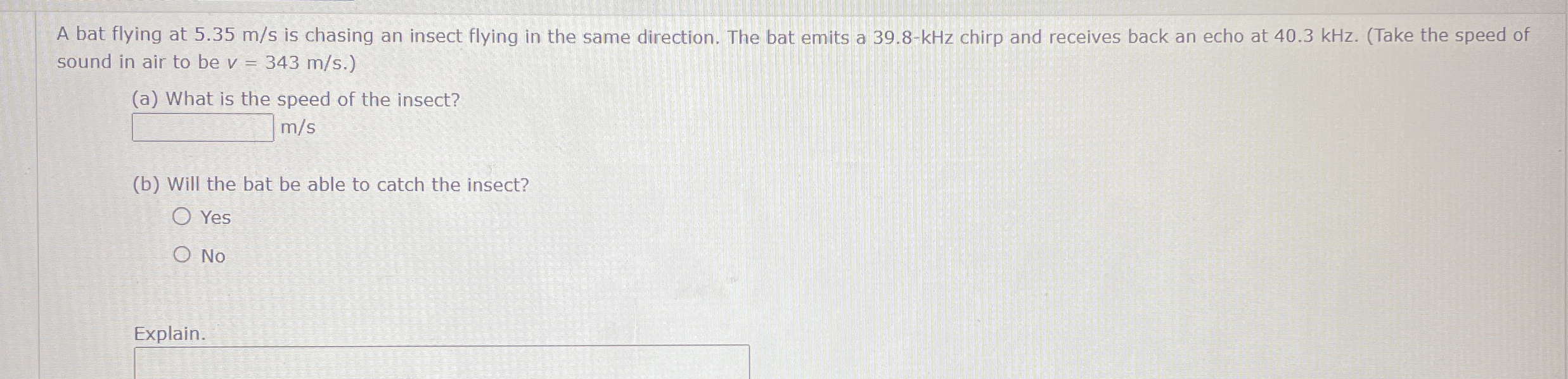 A bat flying at 5 . 3 5 m s is chasing an insect