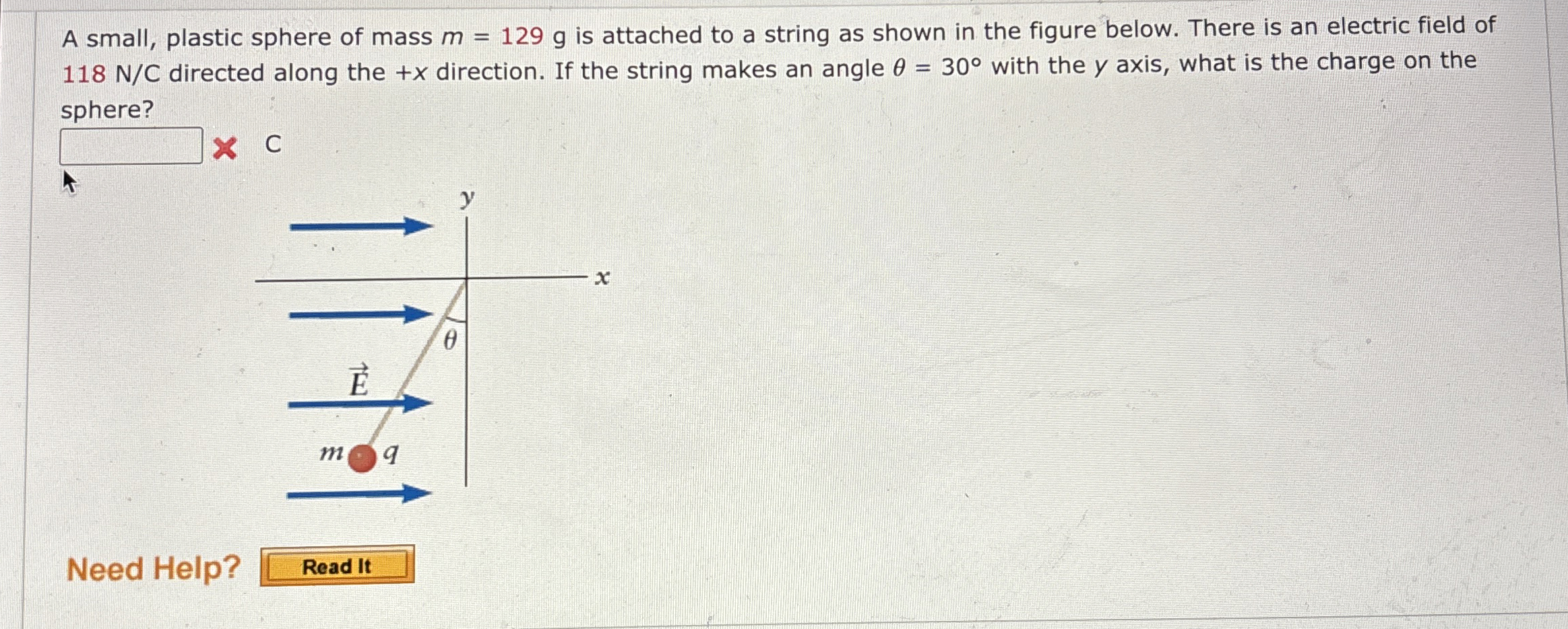 A small, plastic sphere of mass m = 1 2 9 g is