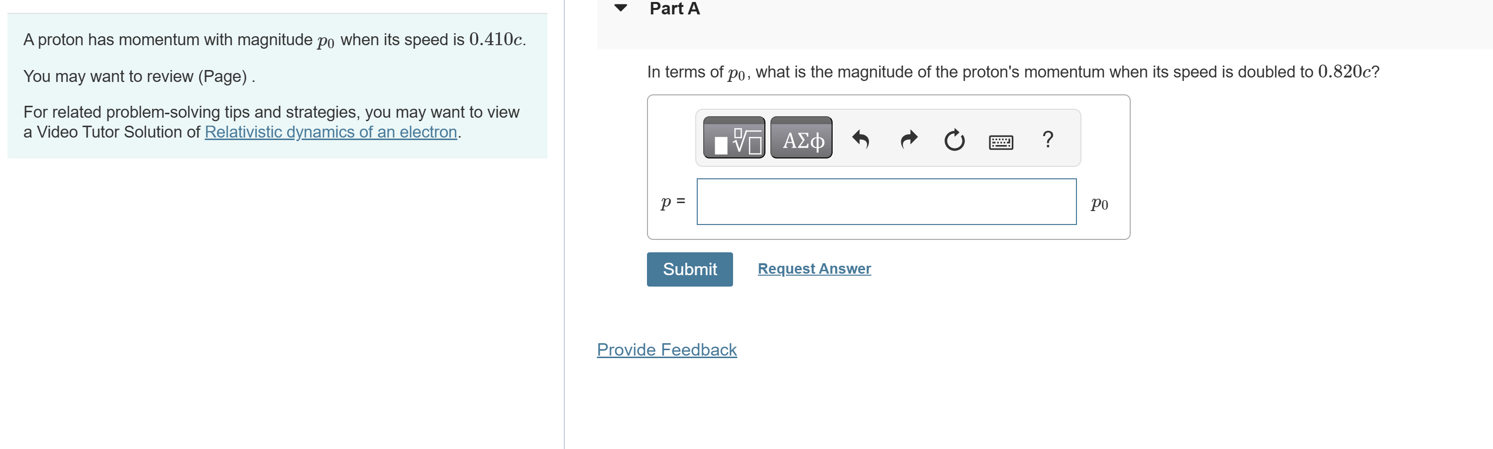 A proton has momentum with magnitude p _ ( 0 )
