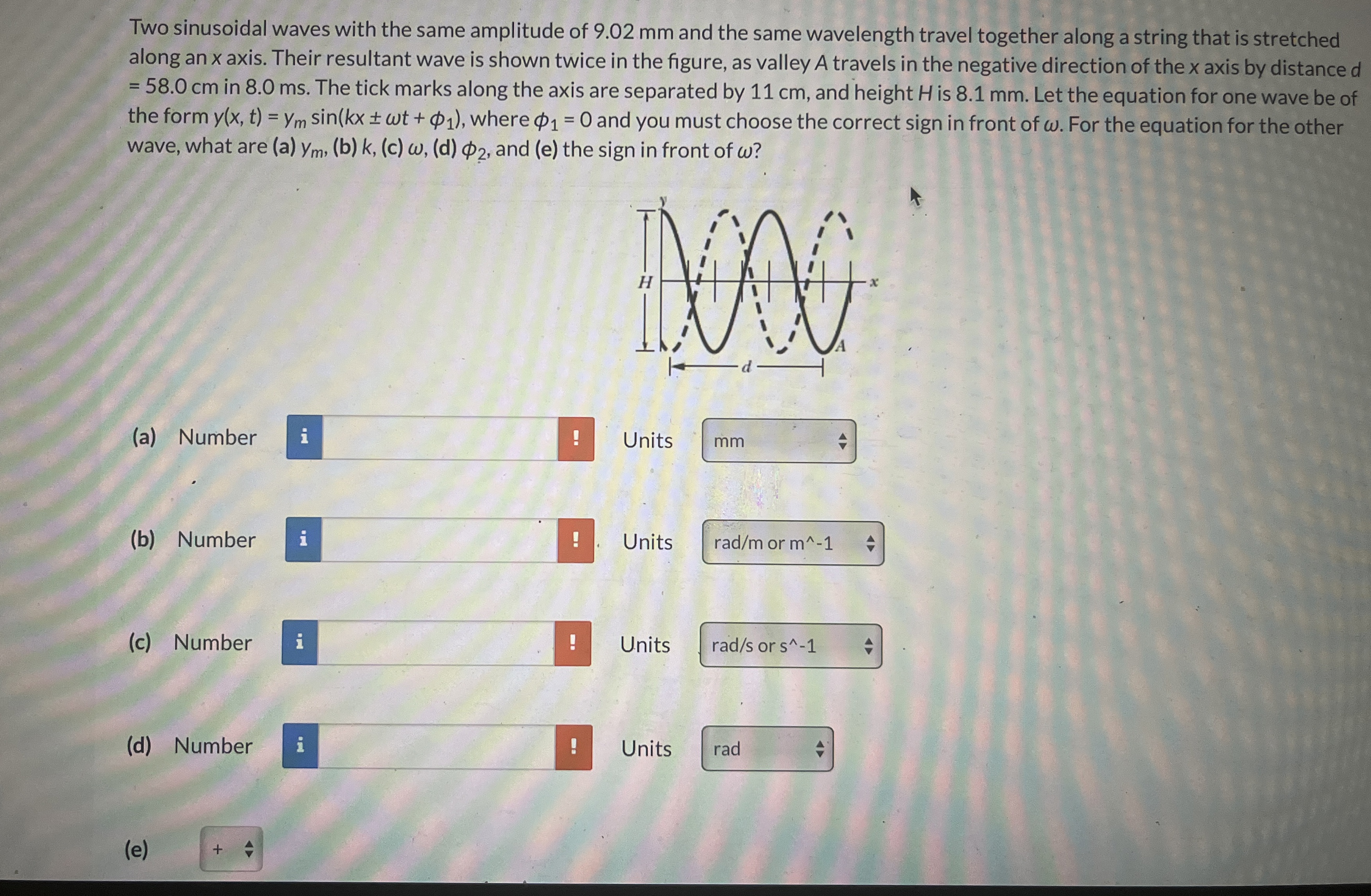 Two sinusoidal waves with the same amplitude of 9