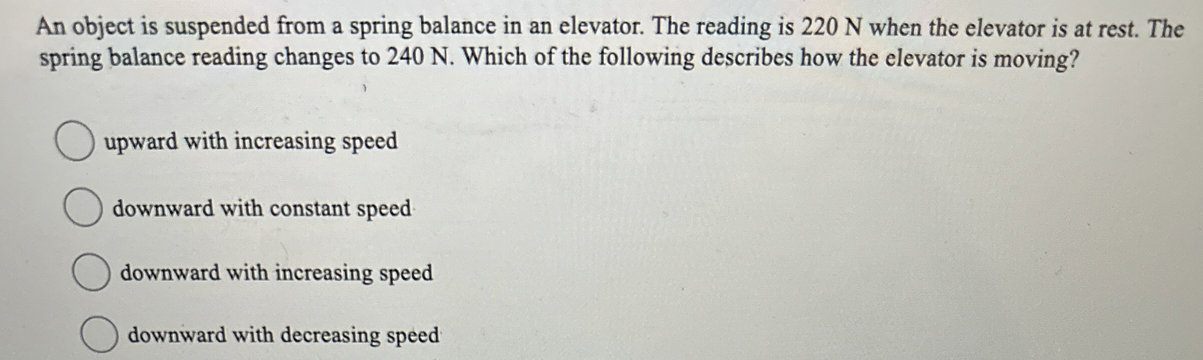 An object is suspended from a spring balance in