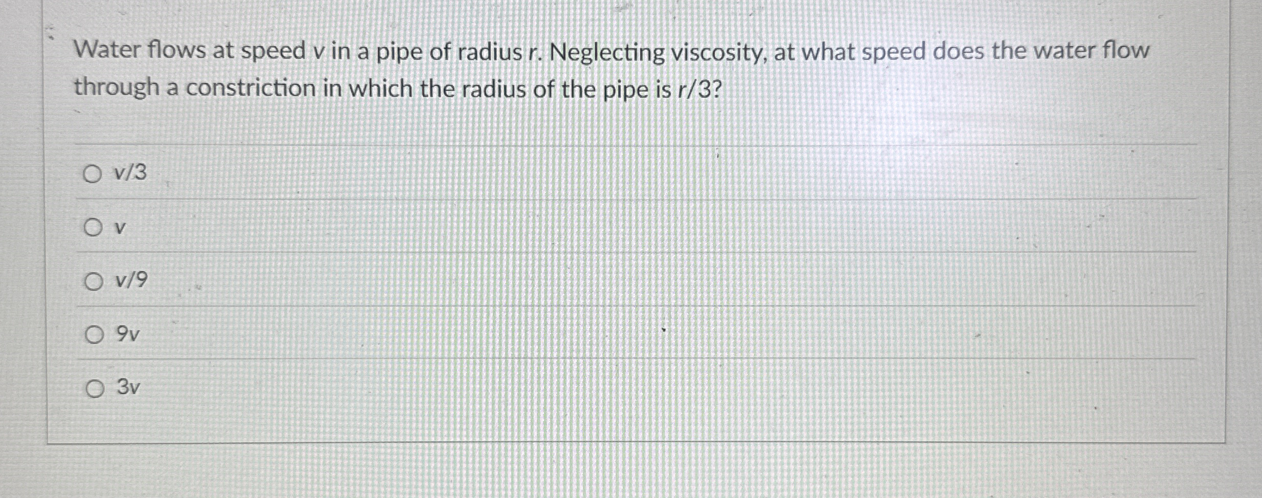 Water flows at speed v in a pipe of radius r .