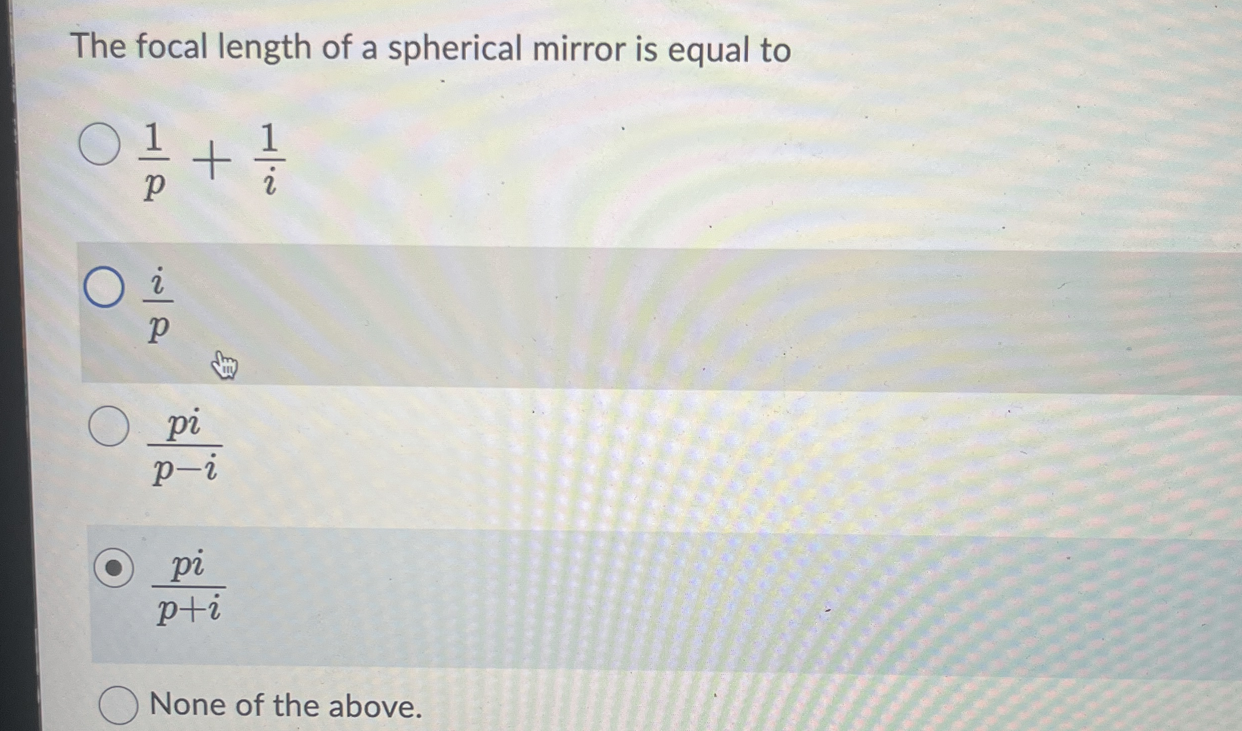 The focal length of a spherical mirror is equal