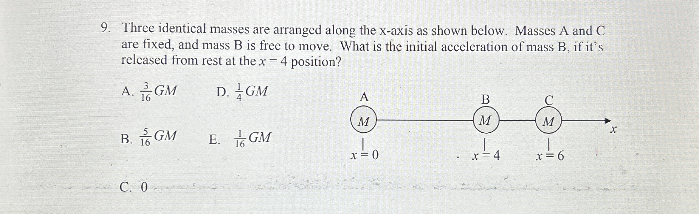 Three identical masses are arranged along the x -