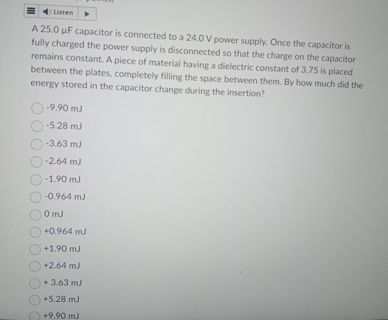 Listen A 2 5 . 0 F capacitor is connected to a 2