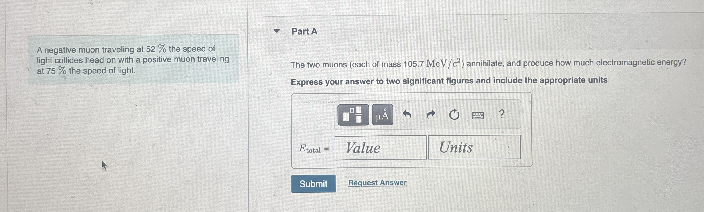A negative muon traveling at 5 2 % the speed of