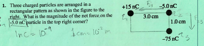 1 . Three charged particles are arranged in a