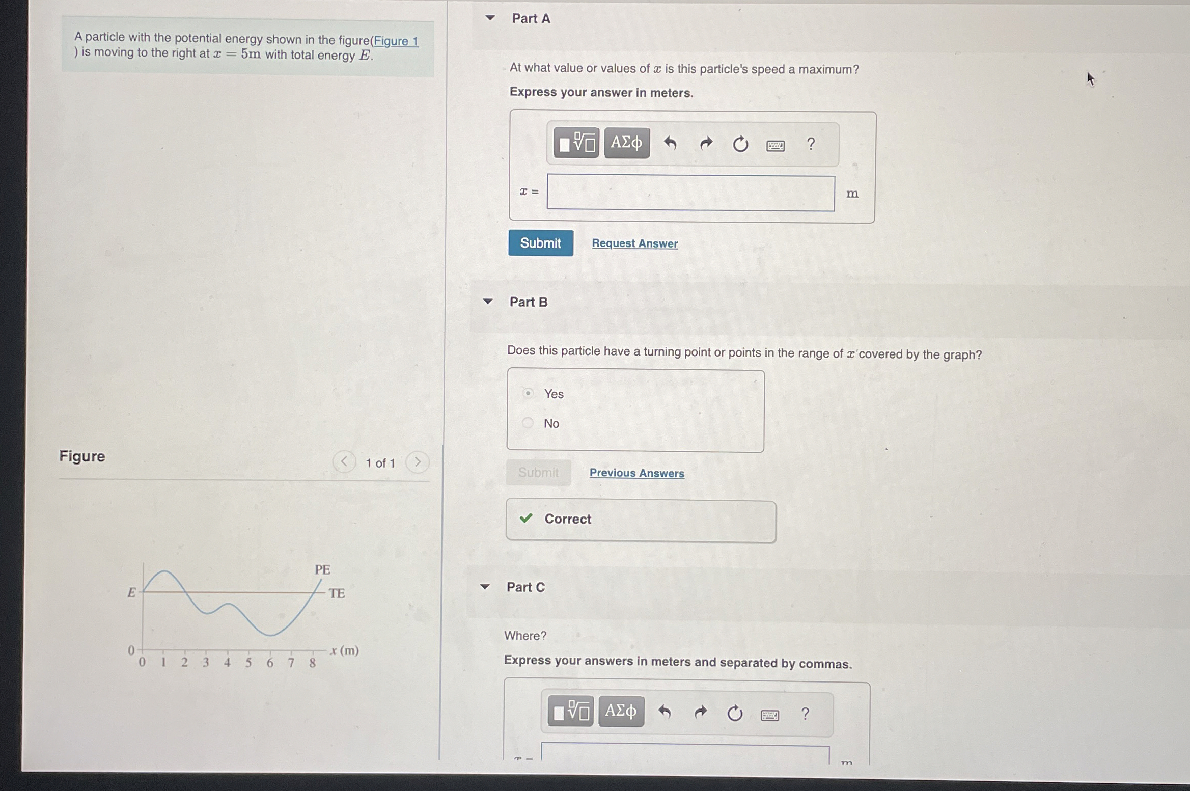A particle with the potential energy shown in the
