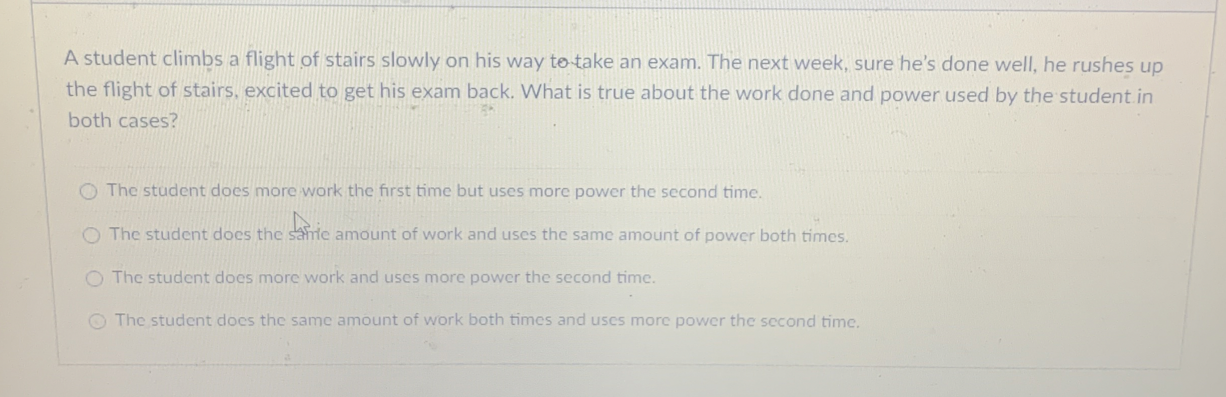 A student climbs a flight of stairs slowly on his
