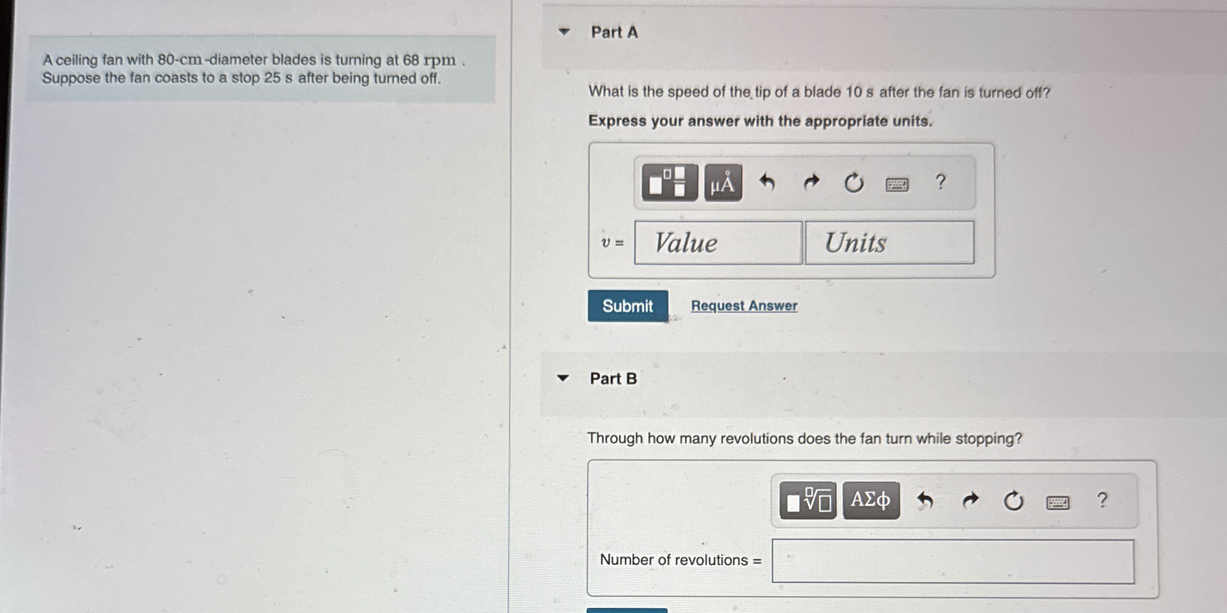 A ceiling fan with 8 0 - c m - diameter blades is