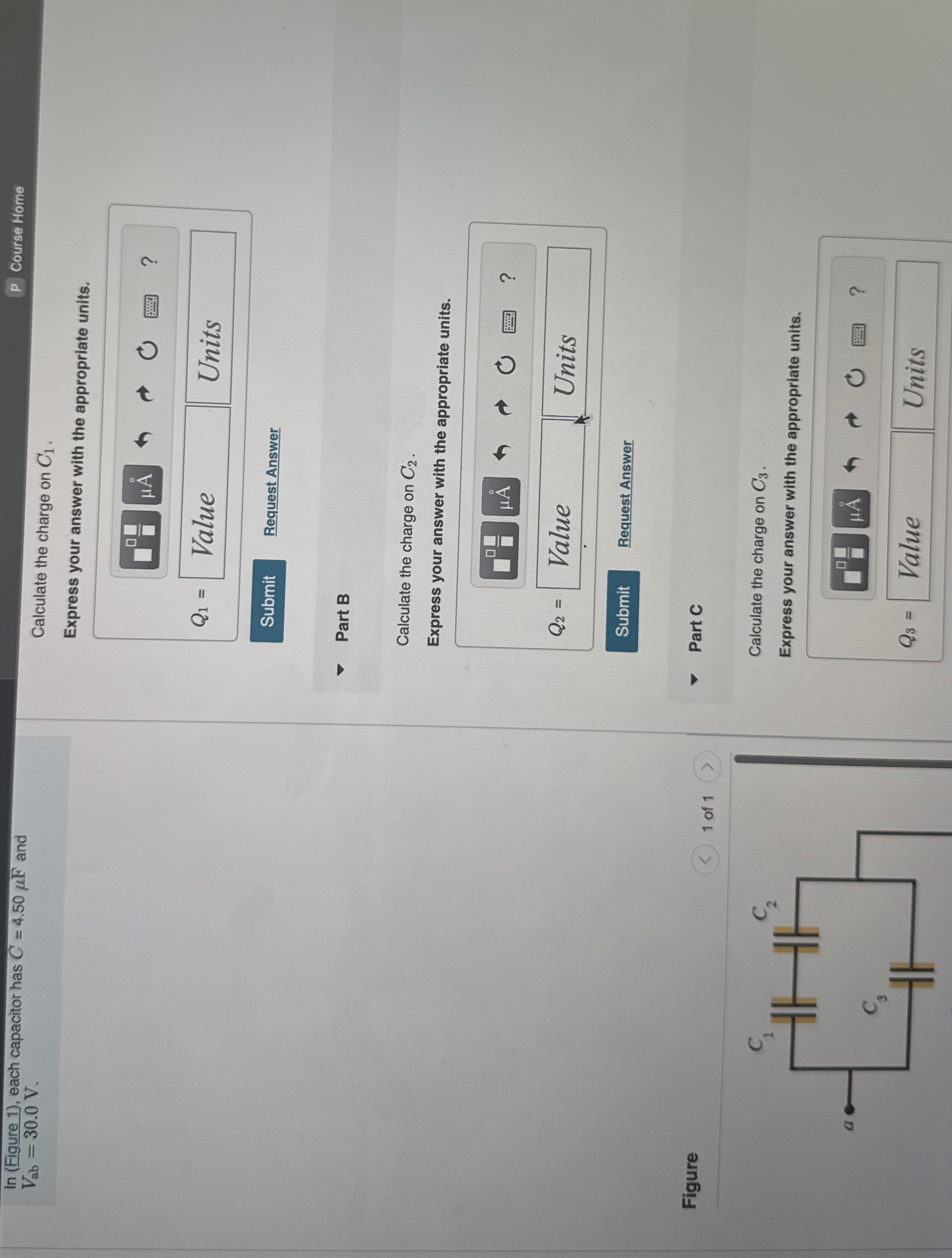 In ( Figure 1 ) , each capacitor has C = 4 . 5 0