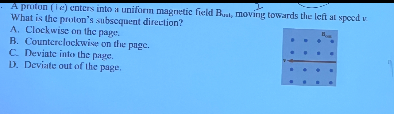 A proton ( + e ) enters into a uniform magnetic