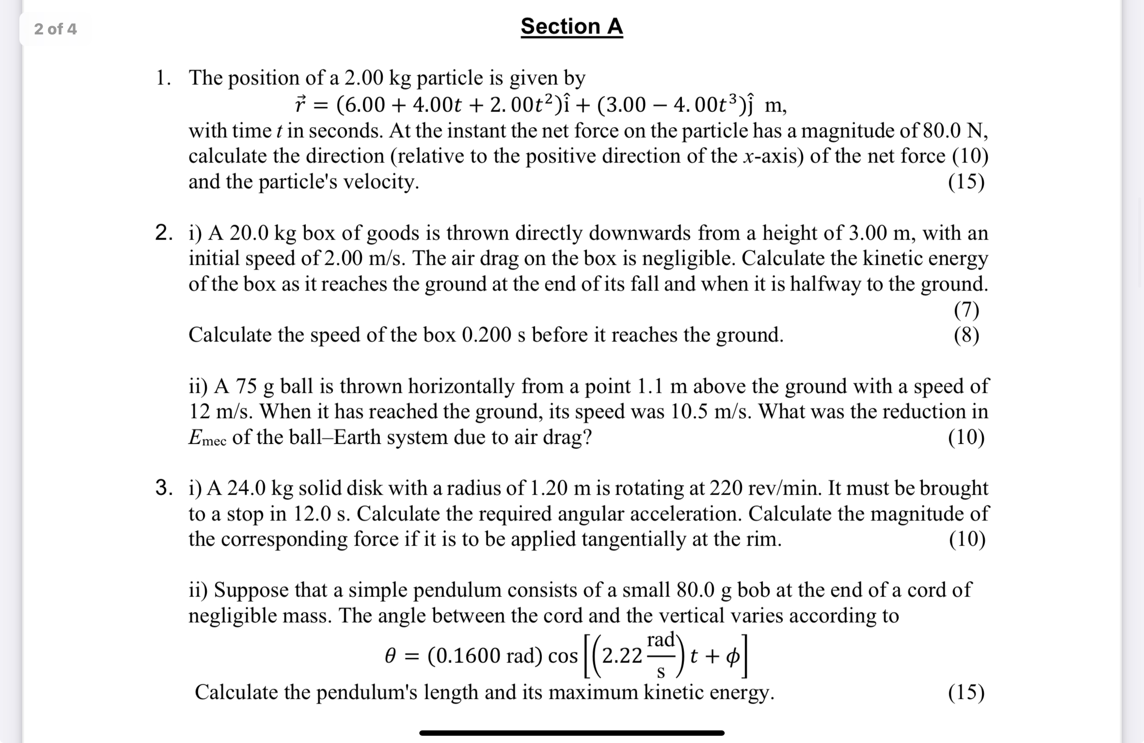 2 of 4 Section A The position of a 2 . 0 0 kg
