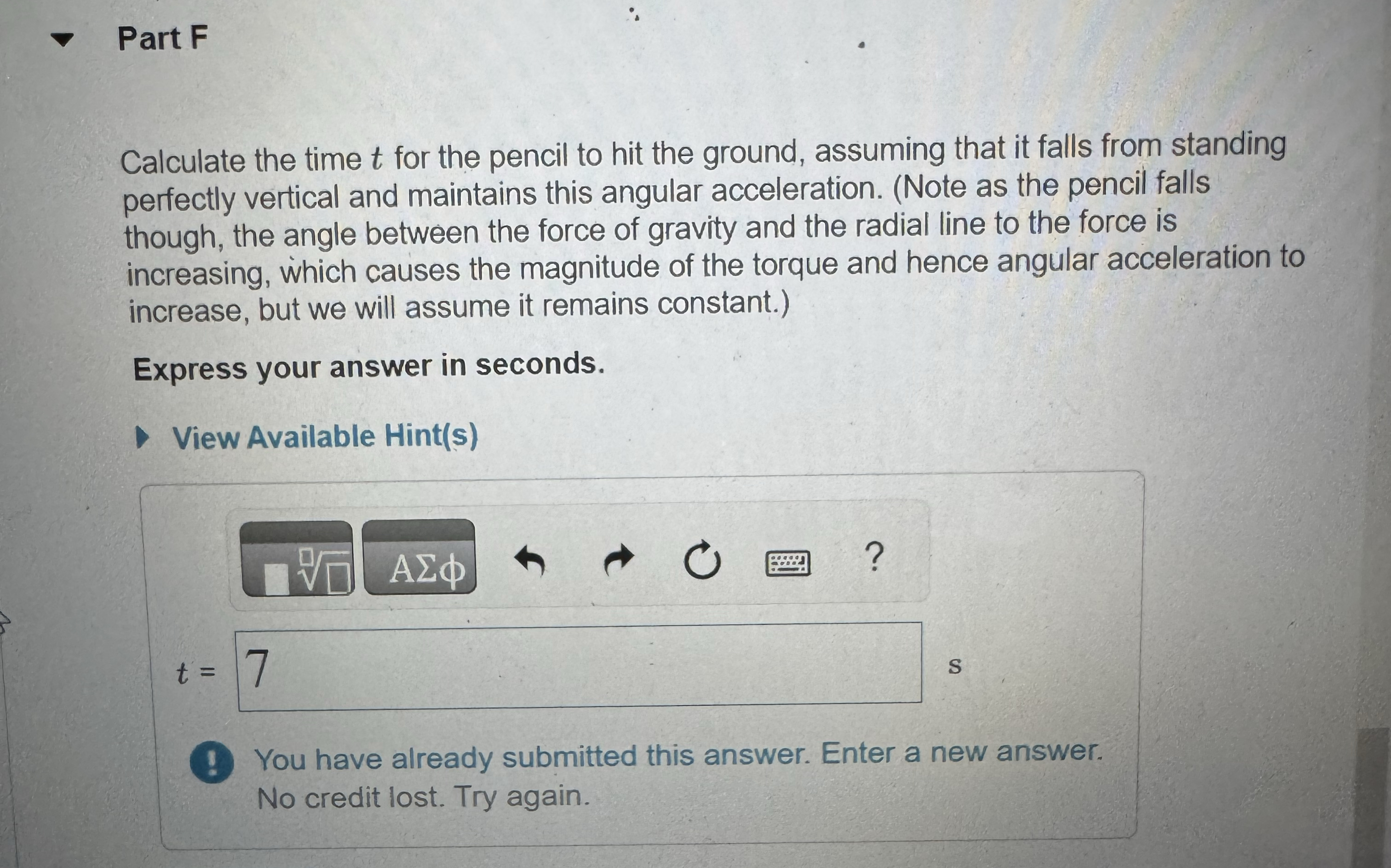 Part F Calculate the time t for the pencil to hit