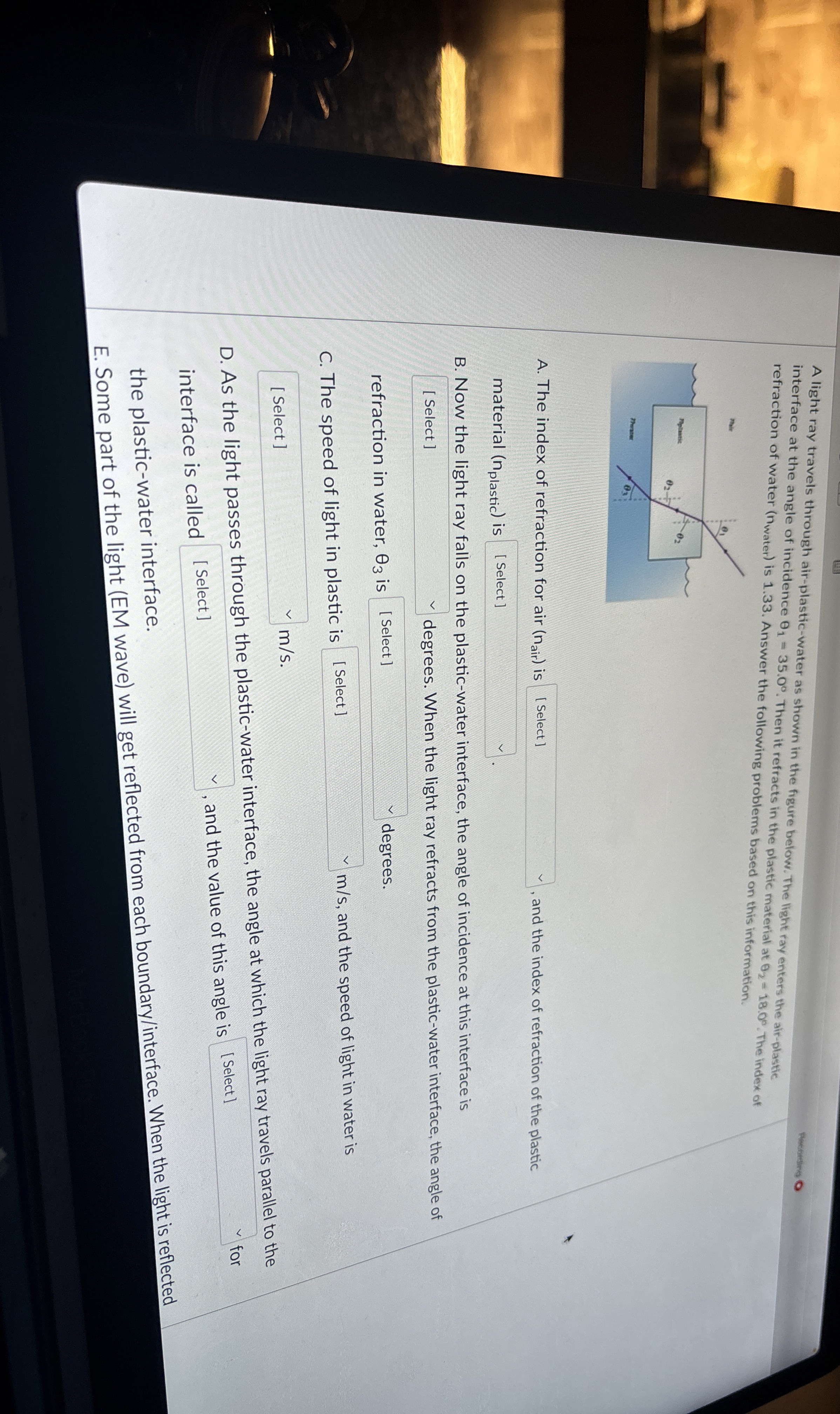 Hecterting 0 A light ray travels through air -