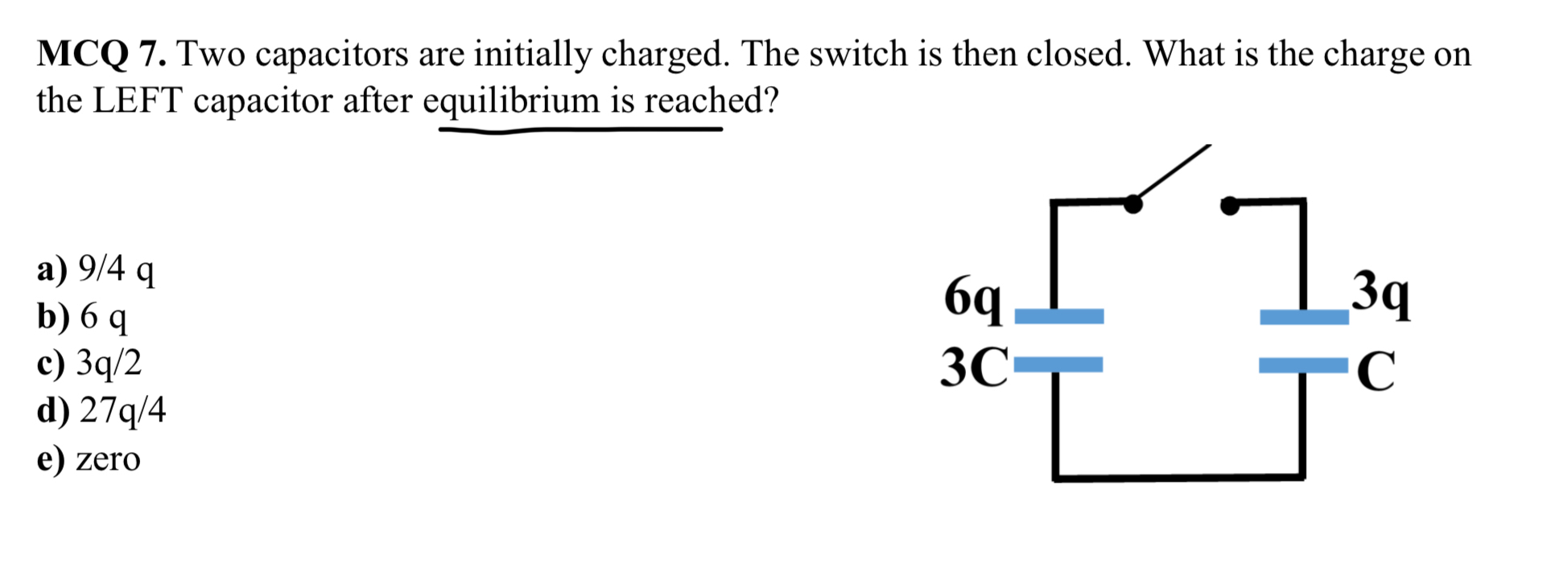 MCQ 7 . Two capacitors are initially charged. The