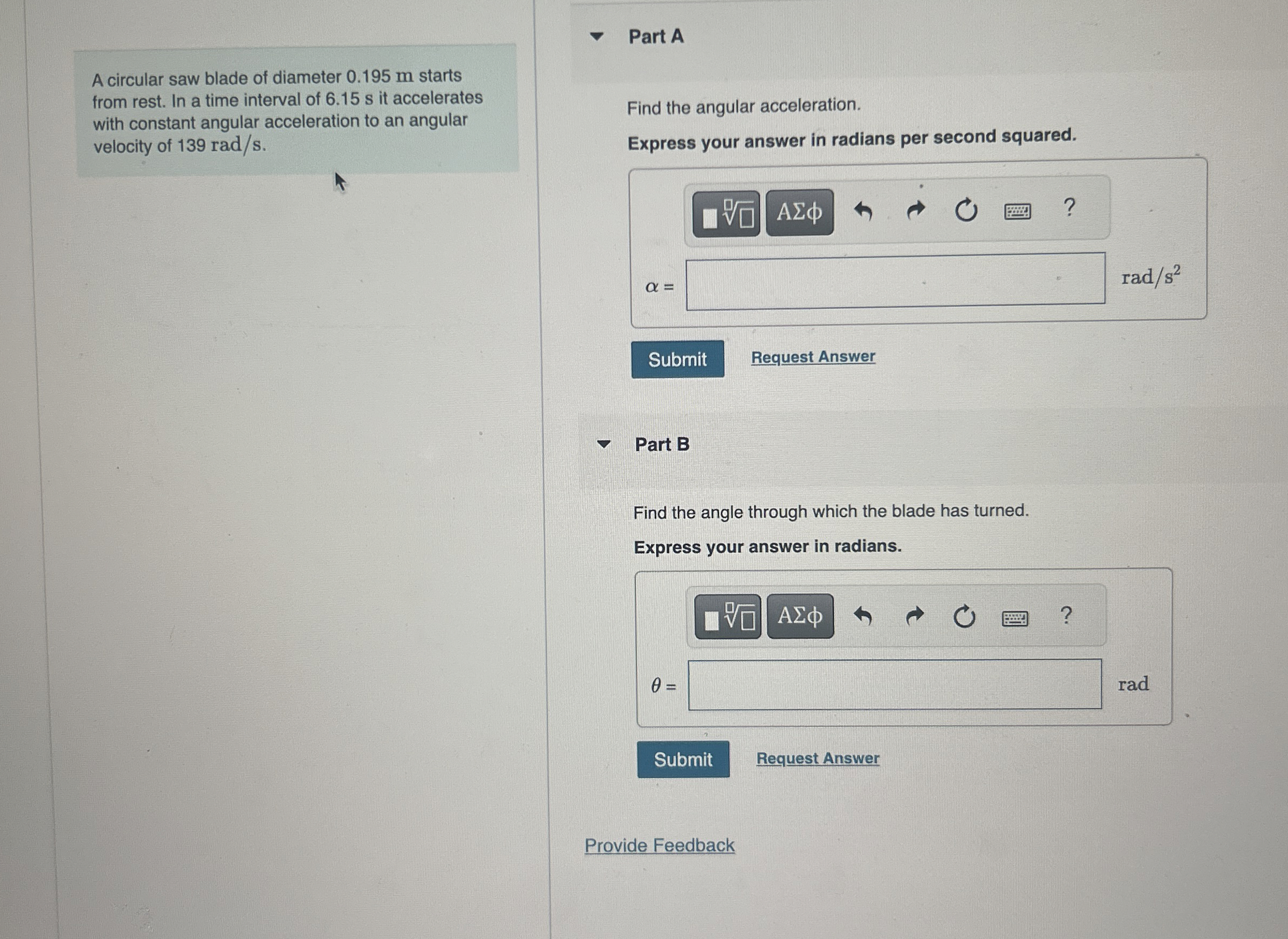 A circular saw blade of diameter 0 . 1 9 5 m
