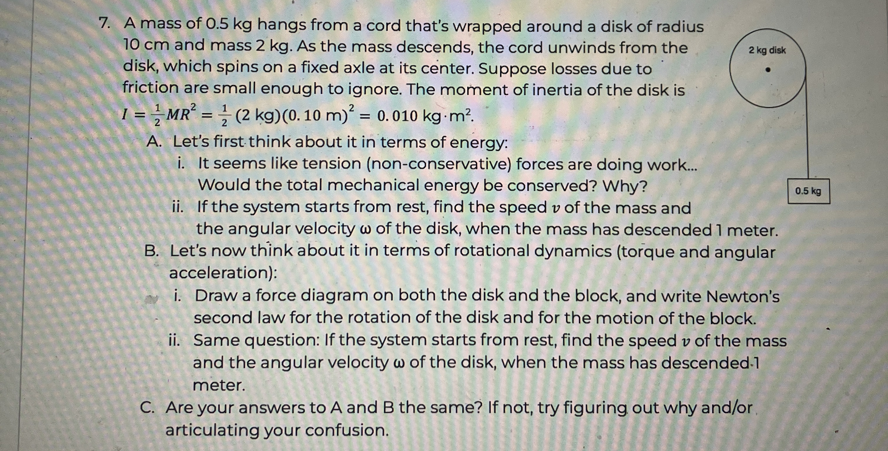 A mass of 0 . 5 kg hangs from a cord that's