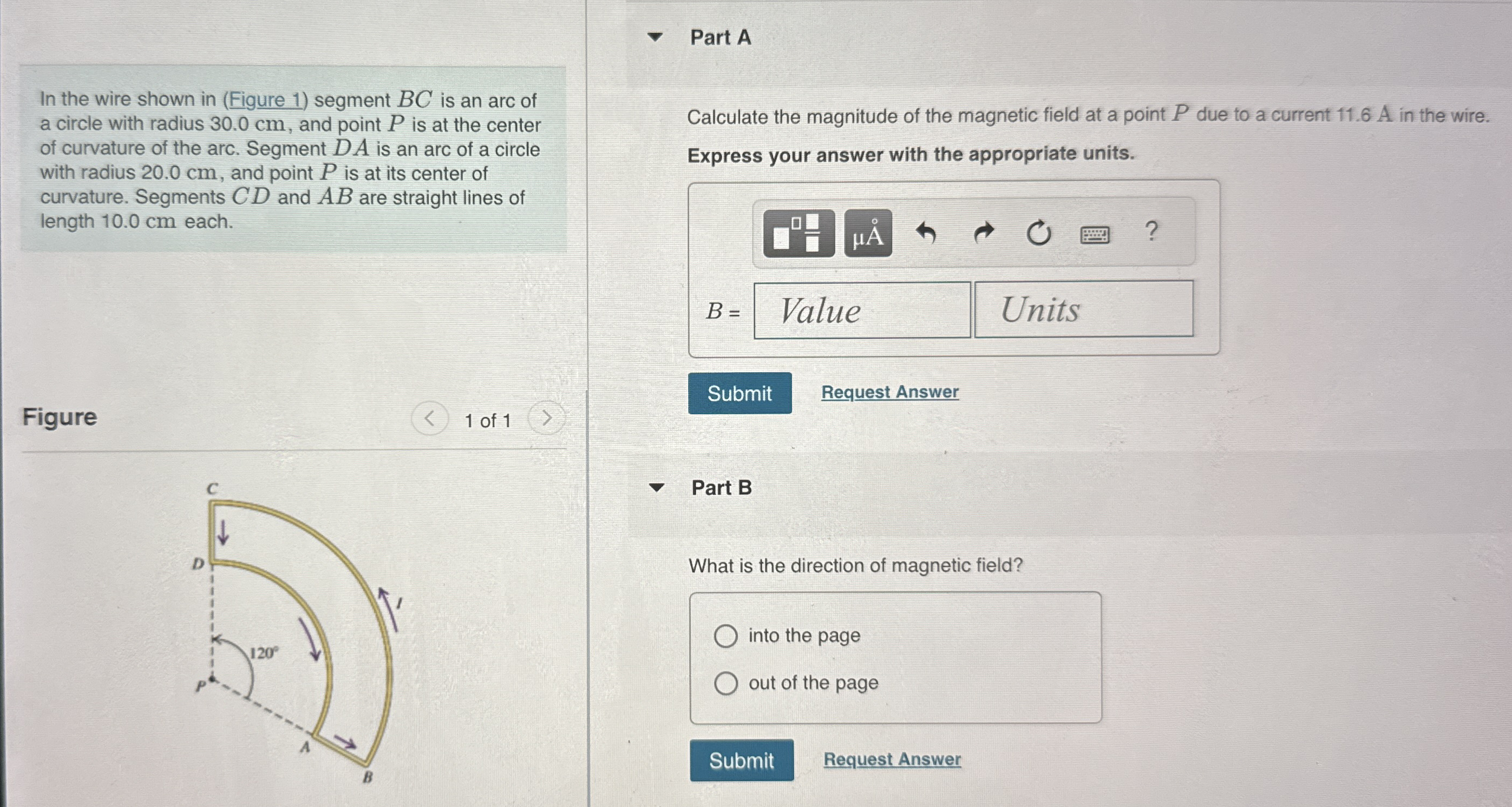In the wire shown in ( Figure 1 ) segment B C is