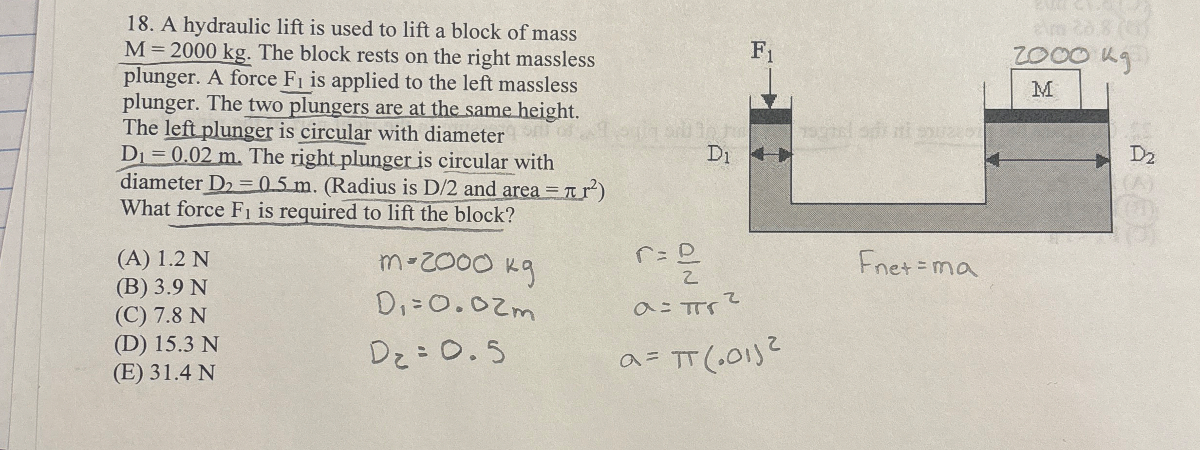A hydraulic lift is used to lift a block of mass